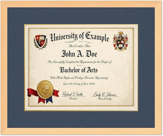 CountryArtHouse Diploma Frame Fits 17 x 13 International Diploma - Keepsake Graduation Display Natural Wood Genuine Hardwood with Navy Blue Over Metallic Gold Double mat