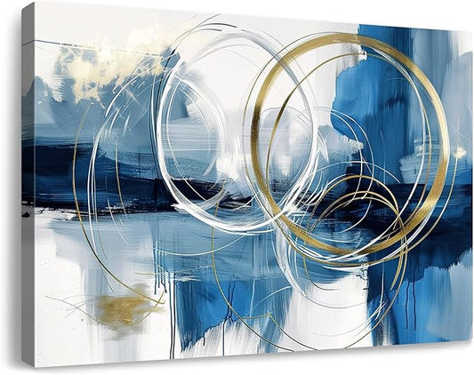 gaosoul Minimalist Abstract Canvas Wall Art Blue and Gold Doodles on White Background Painting Prints Stylish Framed Artwork for Living Room Bedroom Office Decor 24x16in
