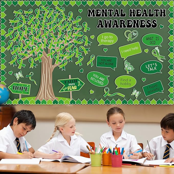 Mental Health Awareness Bulletin Board Set Positive Sayings Therapy Classroom Decorations Green Ribbon Mental Health Paper Cutouts for Motivational Inspirational School Wall Decor Teacher Supplies