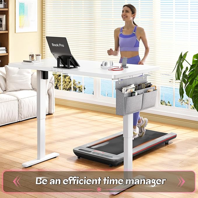 EnHomee Standing Desk with RGB Lights,Adjustable Gaming Desk 48 x 24 Height,Computer Desk with 3 Memory Presets & Ergonomic Curved Top,Sit Stand Office Desk with Storage Bag & Hook,White