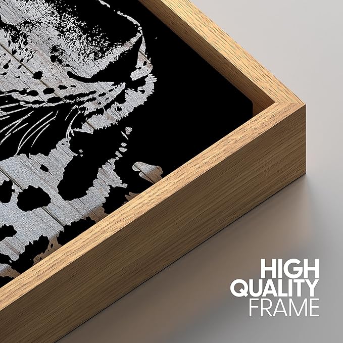 IDEA4WALL Framed Canvas Print Wall Art Grayscale Spotted Leopard on Wood Blocks Animals WildLife Illustrations Modern Art Tropical Portrait Dark for Living Room, Bedroom, Office - 16"x24" NATURAL