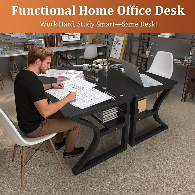 47 inch Computer Desk, Home Office Desk with Storage Shelf, Sturdy U-Shaped Metal Frame Study Table with Cable Management, Gaming Desk for Office & Bedroom