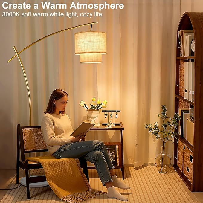 Lightdot Arc RGB Floor Lamp for Living Room, Modern Standing Lamps with Remote Control, Corner Lamp Tall Hanging Pole Lamp with Smart Bulb Included Double Linen Lamp for Bedroom Sofa Beside/Home Decor