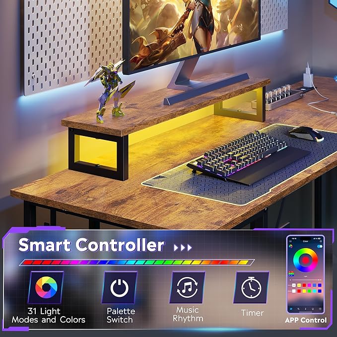 DEVAISE 60 Inch L Shaped Gaming Desk with LED Lights & Power Outlets, Corner Desk for Small Spaces, Sturdy PC Computer Table with Storage for Home Office, Rustic Brown