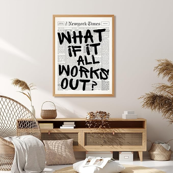 What If It All Works Out Wall Art Retro Black and White Newspaper Motivational Poster Positive Affirming Quote Minimalist Canvas Print for Bedroom Living Room Home Decor 16x24inch Wood Color Framed