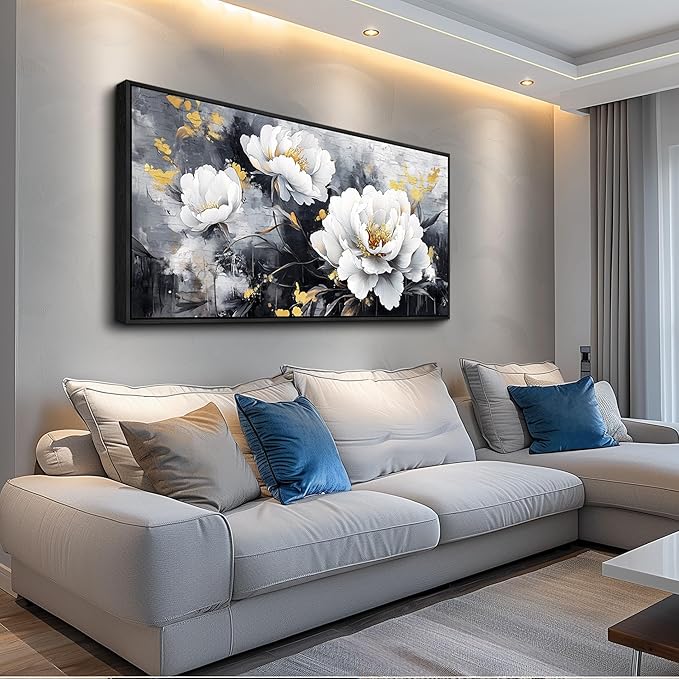 PHAOHUAXM Large Canvas Black Framed Wall Art Decor For Living Room Bedroom Abstract Painting Ink-Wash White Flowers With Home Dining Room Decorations Prints Posters Modern Room Home Decor 24"X48"
