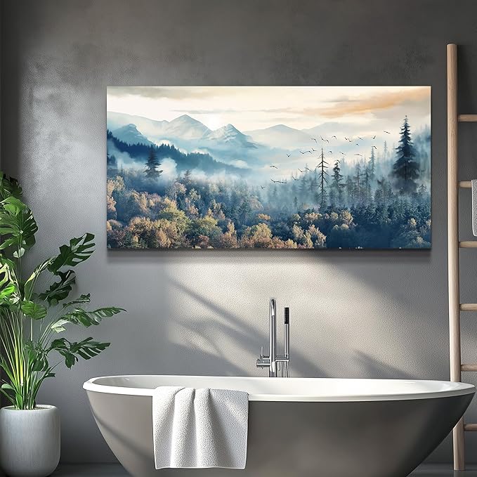 MHARTK66 Canvas Wall Art For Living Room Large Decorations For Office Bedroom Wall Decor Prints Foggy Forest Pictures Trees Landscape Wall Painting Ready To Hang Room Home Decor 24x48 in