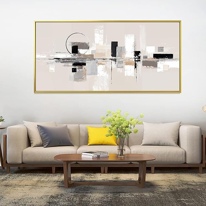 QSQ Large Gold Framed Wall Art For Living Room Painting Black White Wall Art Prints Minimalist Grey Brown Abstract Art Modern Canvas Art Wall Decor Picture For Bedroom Office Home Decor 29" × 58"