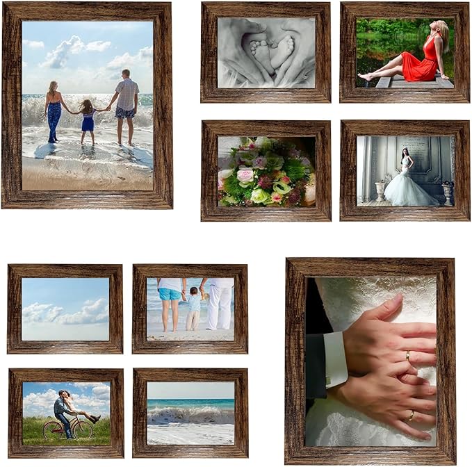 Pacome Picture Frames Set 10 Pack Collage Picture Frames,Gallery Wall Frame Set with Four 8x10, Four 5x7, Four 4x6, Farmhouse Rustic Photo Frames for living room Wall Gallery Decor or Desk,Brown