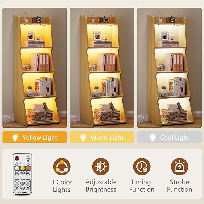 Hoctieon 5-Tier Open Bookcase and Bookshelf with LED Light, Floor Standing Display Storage Shelves, Wood Modern Display Organizer for Home Office, Living Room, Bedroom, Study, Yellow Oak