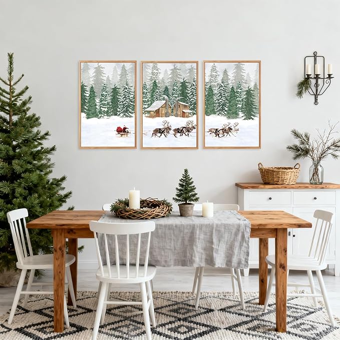 CHDITB Santa Claus Reindeer Sleigh Framed Canvas Wall Art(16"x24"), 3 Panels Christmas Winter Holiday Artwork Prints, Large Rustic Xmas Gift Snow Scene Forest Landscape Decor for Home Office Bedroom