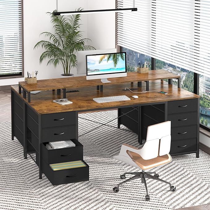 60 Inch Computer Desk with 8 Fabric Drawers, Gaming Desk with LED Lights & Power Outlets, Home Office Desk with Monitor Stand, Rustic Brown