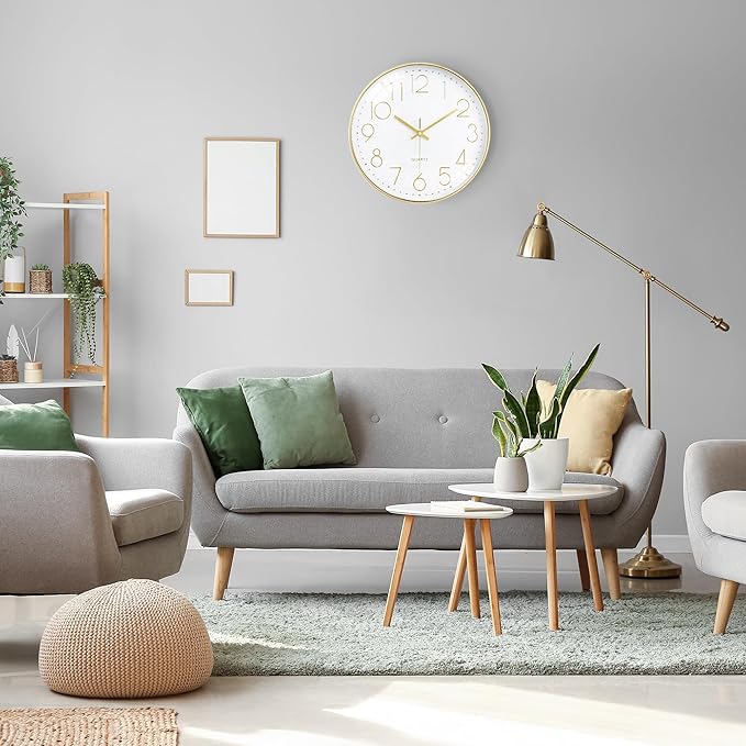 Lafocuse Silent 12 Inch 3D Numbers Gold Wall Clock for Living Room Home Decor, Battery Operated Gold Clock Wall Décor Analog for Kitchen Bedroom Office