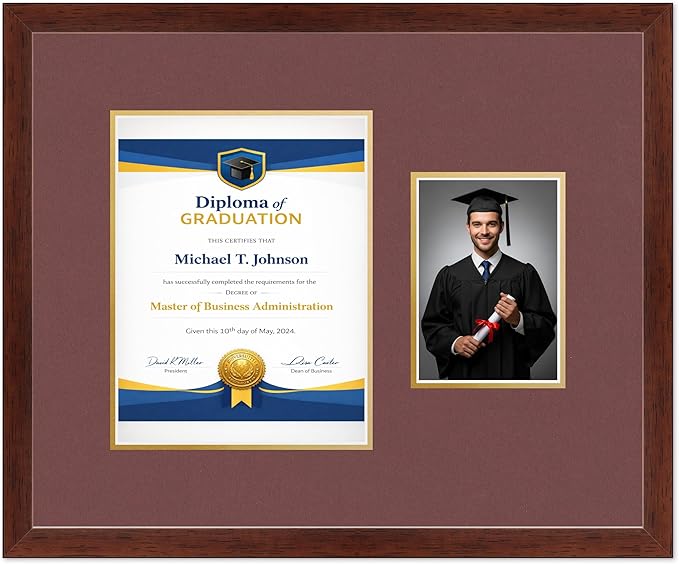Diploma Frame With Photo Opening Rustic Walnut Dark Red Over Gold Mat - Fits 8.5 x 11 Degree and Picture Made in the USA