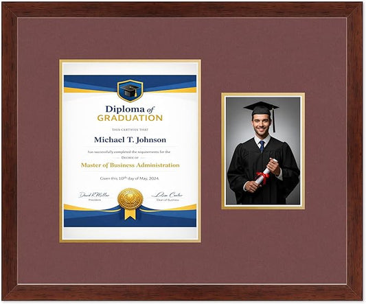 Diploma Frame With Photo Opening Rustic Walnut Dark Red Over Gold Mat - Fits 8.5 x 11 Degree and Picture Made in the USA