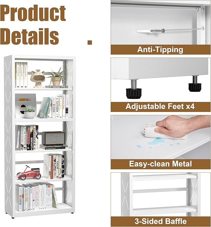 5 Tier Bookshelf, 55"Tall Metal Bookcase with Adjustable Shelves, Modern Display Book Shelf, White Bookcase Shelf, Utility Shelf, Storage Shelves for Office, Living Room, Kitchen, Study-23"W