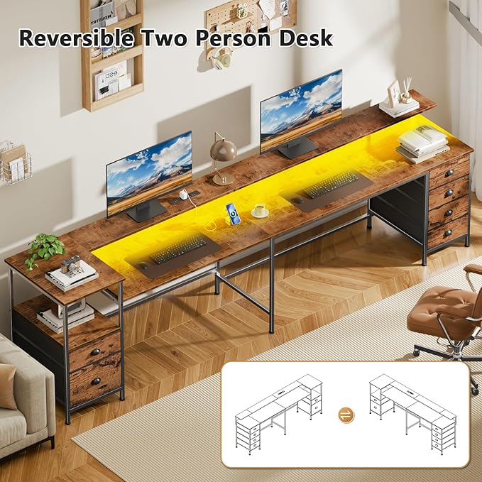 Furologee 95" Two Person Computer Gaming Desk, Long 2 Person Home Office Desk with 6 Drawers & Storage Shelves, Double Table with Power Outlets, LED Lights and Full Monitor Shelf, Rustic Brown