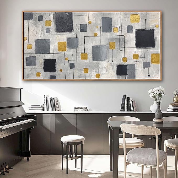 KLAKLA Neutral Decor Modern Abstract Wall Art Poster - Black Gold Gray for Living Room Bedroom Office Framed Minimalist Abstract Design 58x29 Inches