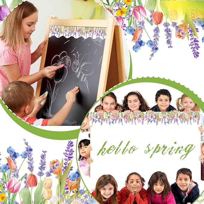Jexine 68.9 Feet Spring Flower Bulletin Board Borders Floral Classroom Scalloped Rolled Border Trim with Tulip Lavender Patterns Bulletin Boards Decorations for School Classroom School Whiteboard Wall