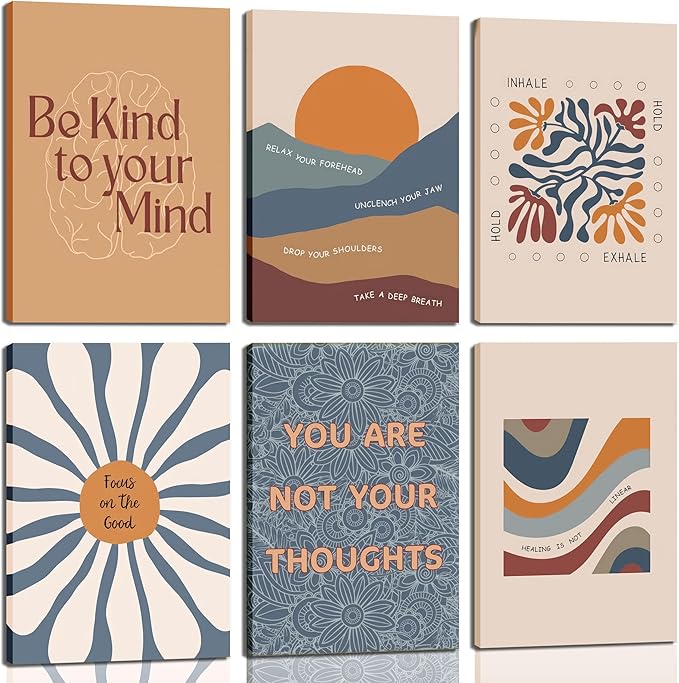 6Pcs Mental Health Wall Art Motivational Psychology Canvas Painting Therapy Office Pictures Wall Decor Boho Style Inspirational Positive Quotes Posters Prints for Home Counseling Office Framed