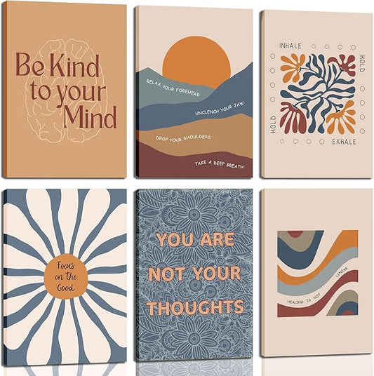 6Pcs Mental Health Wall Art Motivational Psychology Canvas Painting Therapy Office Pictures Wall Decor Boho Style Inspirational Positive Quotes Posters Prints for Home Counseling Office Framed