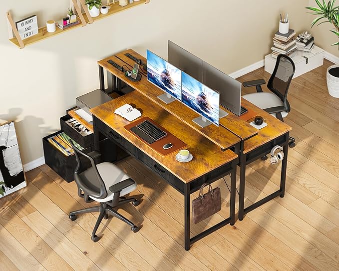 AODK Computer Desk with 4 Drawers, 55 Inch Office Desk with Printer Shelf & Built-in Power Outlet, Work Desk with Monitor Shelf for Home Small Spaces, Rustic Brown