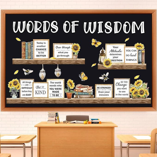 Qilery Sunflower Bulletin Board Decorations Set - Rustic Farmhouse Classroom Decor with Inspirational Quotes Cutouts, Motivational Wall Art for Teachers, Preschool, Library & Spring School Supplies