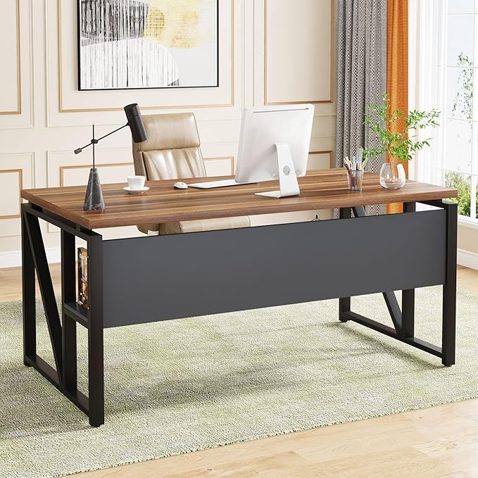 Tribesigns 55 inches Simple Computer Desk,Home Office Desk Writing Table for Workstation,Dark Walnut + Steel Leg， Cabinet not Included (Walnut, 55-inch)