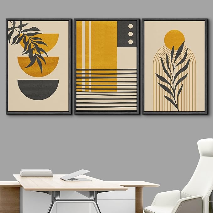 IDEA4WALL Framed Canvas Print Wall Art Set Geometric Mid-Century Jungle Safari Leaf Polygons Abstract Shapes Illustrations Modern Art Nordic for Living Room, Bedroom, Office - 16"x24"x3 Black