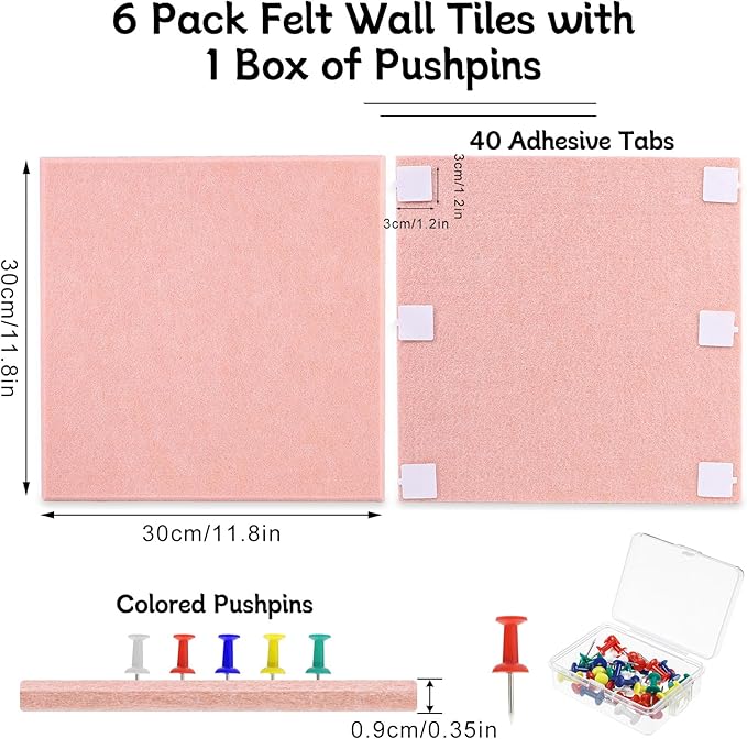 Large Cork Board 36" x 24", 6 Pack Felt Wall Tiles with Colored Pushpins, Bulletin Board with 40 Safe Removable Adhesive Tabs, Pin Board Cork Boards for Walls Home Office Decor - Pink