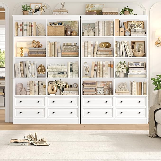FINETONES 71" Tall Bookshelf with 4 Drawers, 6-Tier Double Wide Bookshelves and Bookcases with Storage, White Bookshelf Large Open Bookshelves Standing Book Cabinet for Home Office, White