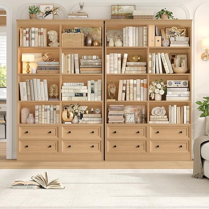 FINETONES 71" Tall Bookshelf with 4 Drawers, 6-Tier Double Wide Bookshelves and Bookcases with Storage, Natural Bookshelf Large Open Bookshelves Standing Book Cabinet for Home Office
