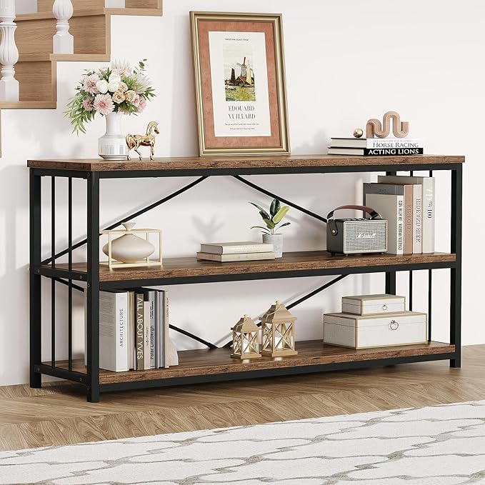 HSH Long Horizontal Bookshelf, Rustic Wood Low Etagere Bookcase for Bedroom, Industrial Metal 3 Tier Book Shelf for Living Room, Vintage Wide Open Large Bookshelves for Home Office, Brown, 63 Inch