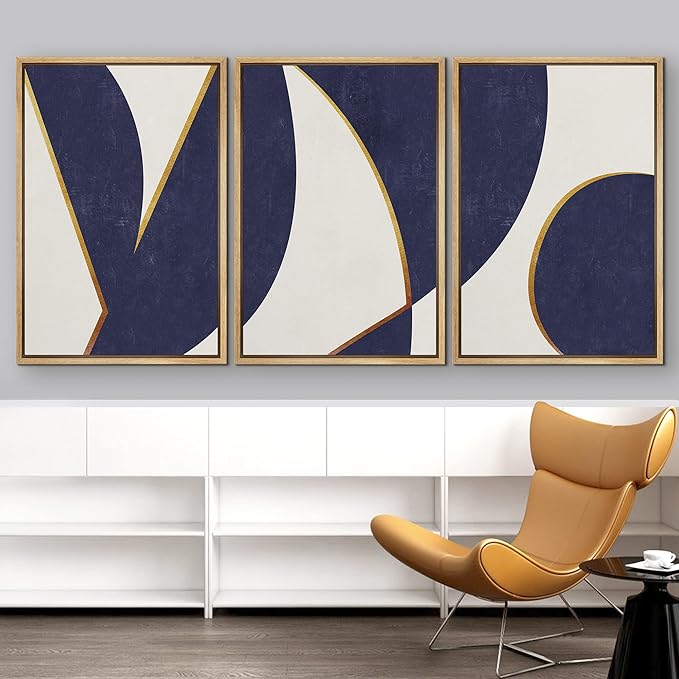 IDEA4WALL Framed Canvas Print Wall Art Set Art Deco Mid-Century Blue Gold Polygons Abstract Shapes Illustrations Modern Art Contemporary for Living Room, Bedroom, Office - 24"x36"x3 Natural
