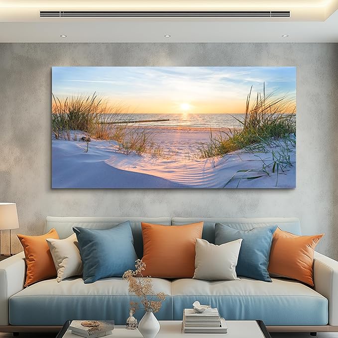 Wall Art For Living Room Large Size Wall Decorations Pictures Blue Sun Beach Grass Ocean Landscape Painting Office Wall Decor Canvas Prints Ready To Hang For Home Decoration Works Of Art 24" X 48"