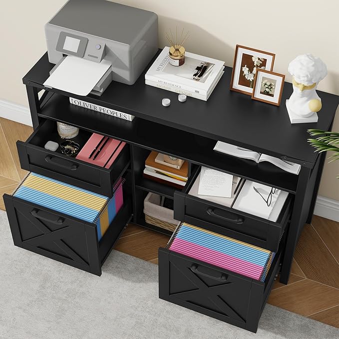 Farmhouse Filing Cabinet with Adjustable Shelf for Home Office, Lateral File Cabinets 4 Drawers with Open Storage Shelf, Filing Organization Storage Cabinets for Hanging Files Letter/A4.Pure Black