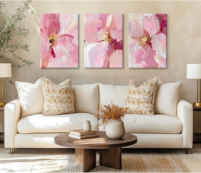 Abstract Floral Wall Art Pink Flower Canvas Pictures Modern Wall Decor Blush Pastel Pink Prints Peony Painting Minimalist Poster Botanical Artwork for Bedroom Living Room 16x24x3 Inch Ready to Hang