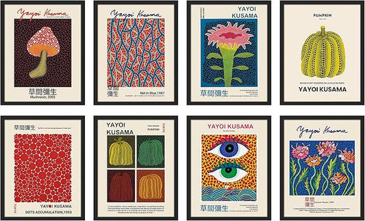 SIGNWIN Framed Poster Wall Art Set of Mushroom Botanical, Blue Red Dots, Japanese Pumpkin The Ocean Minimalist Decor for Living Room, Bedroom, Office - 12"x16"x 8 Black