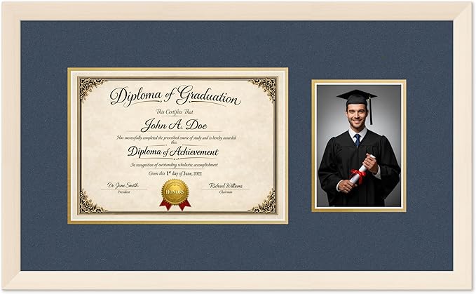 Diploma Frame With Photo Opening Coastal Whitewash Navy Blue Over Gold Mat - Fits 11.69 x 8.27 Degree and Picture Made in the USA