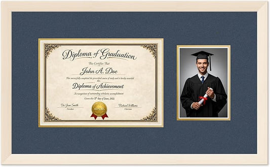 Diploma Frame With Photo Opening Coastal Whitewash Navy Blue Over Gold Mat - Fits 11.69 x 8.27 Degree and Picture Made in the USA