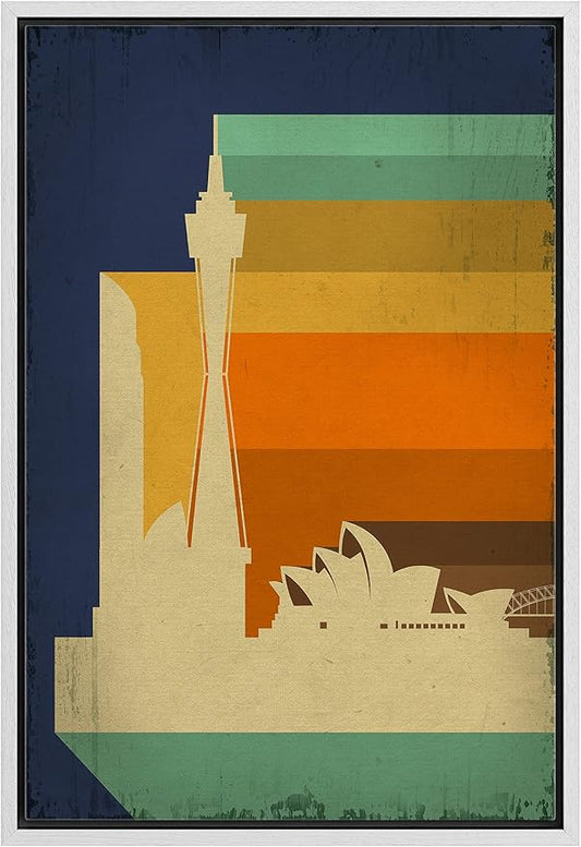 IDEA4WALL Framed Canvas Print Wall Art Retro Vintage Sydney Australia Cultural Building Illustrations Modern Art Contemporary Scenic Warm for Living Room, Bedroom, Office - 24"x36" WHITE