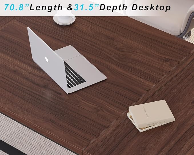 IBF Large Computer Desk, 70.8” Long Home Office Desk for Writing, Modern Simple Executive Work Desk for Study, Wood Metal Double PC Gaming Workstation Computer Table for Bedroom, Walnut, 70 inch