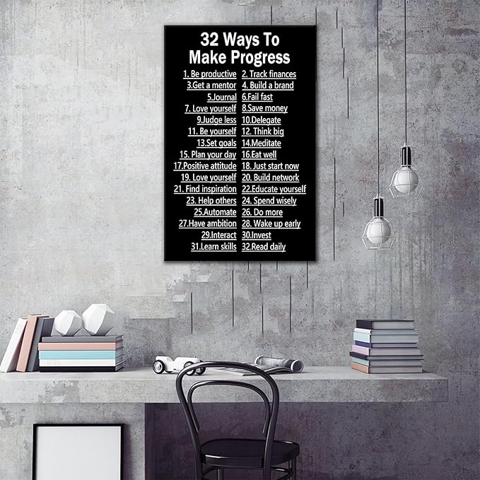 Inspirational Canvas Wall Art Motivational Office Wall Decor Quotes 32 Ways To Make Progress Poster Pictures Painting Artwork for Modern Home Study Room Bedroom Gym Ready to Hang [12''Wx 18''H]