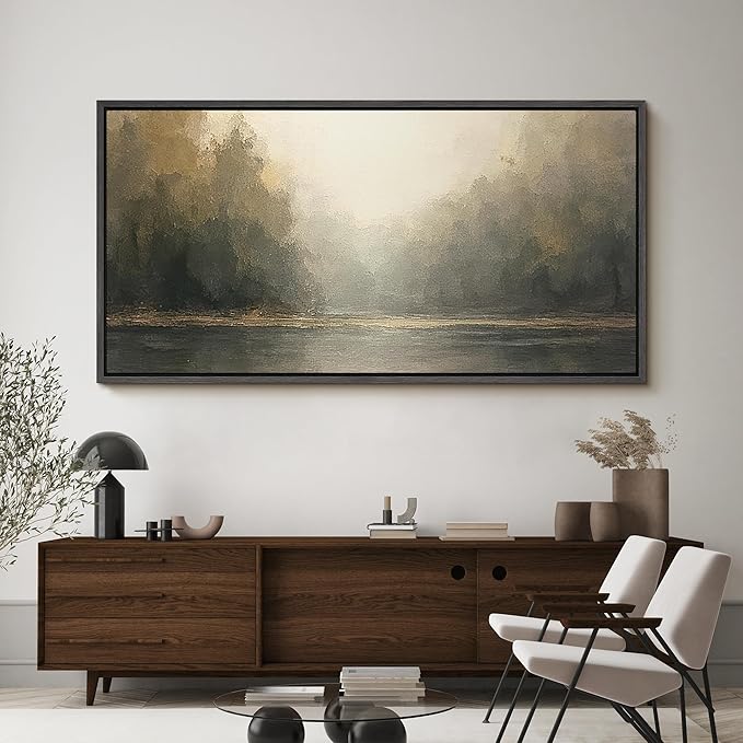SIGNFORD Extra Large Framed Canvas Foggy Forest River Morning Illustrations Modern Art Calm Warm for Living Room, Bedroom, Office - 60"x30"
