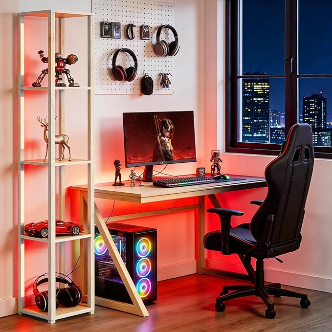 RGBCW Floor Lamp with Shelves, Smart Modern Floor Lamp with Music Sync, LED Color Changing Corner Display Shelf Lamp, Tall Lamps for Living Room and Bedroom, Bookshelf Lamp, Whitewashed Oak