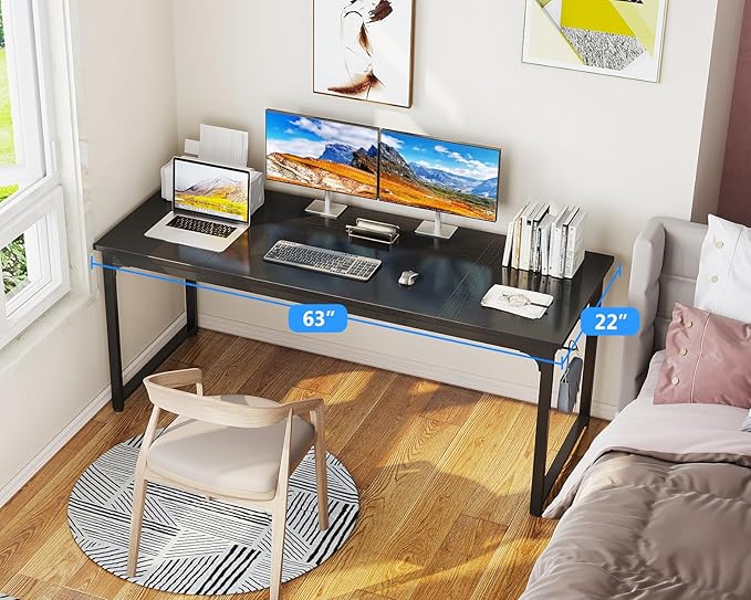 Casaottima 63 Inch Computer Desk for Home Office, Study Writing Table for Small Spaces, Simple Modern Desk with Headphone Hooks, Black
