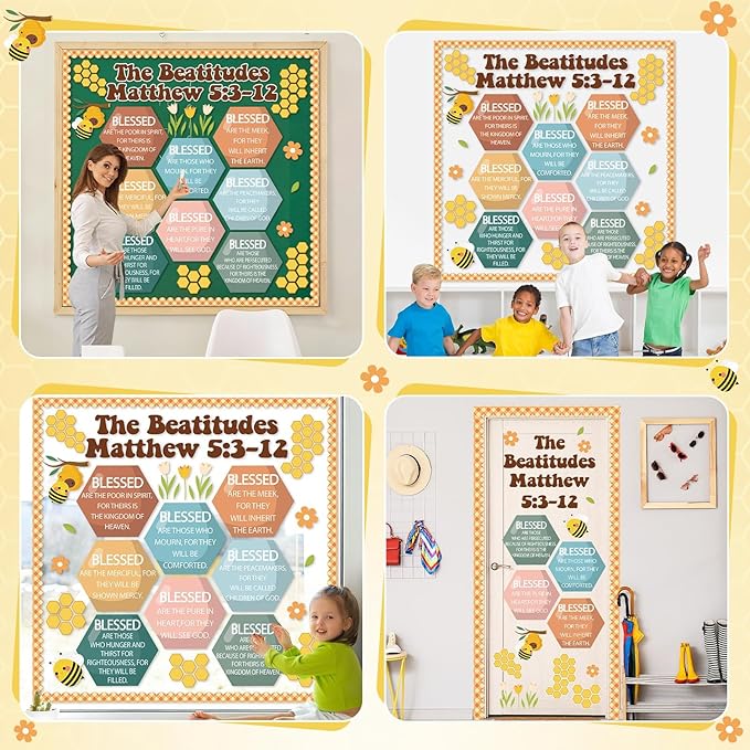 Christian Bulletin Board Decoration The Beatitudes Matthew 5:3-12 Classroom Decoration Motivational Bible Verse Poster Paper Cutouts for Back to School Sunday School Church Parish Decor（Groovy）