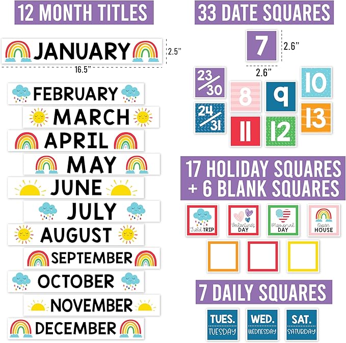 Hadley Designs Classroom Calendar Set Bulletin Board Decorations - Colorful School Calendar for Classroom Decor, Kindergarten Preschool Elementary Teacher Must Haves, Homeschool & Daycare Essentials