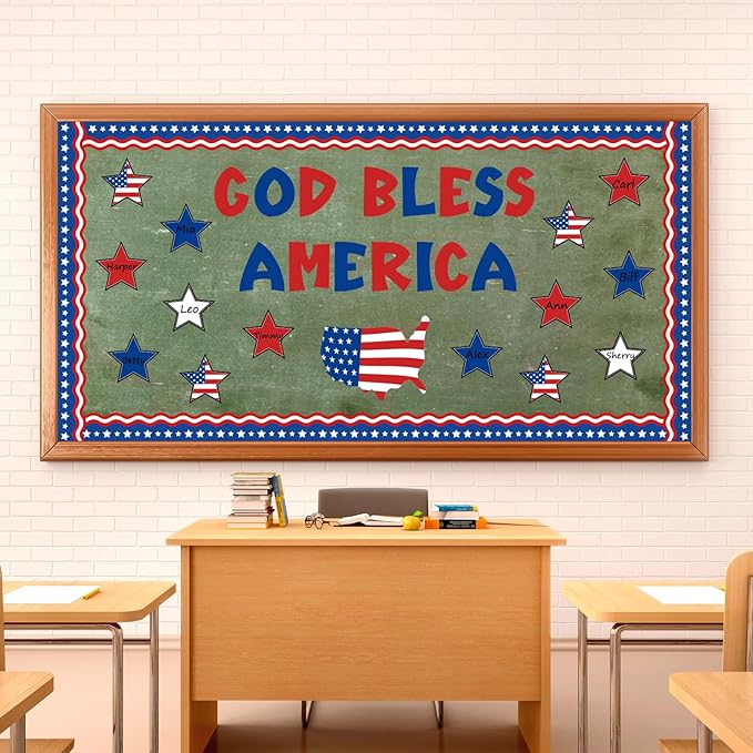 Whaline 60Pcs 4th of July Bulletin Board Decorations God Bless America Patriotic Star USA Map Cut-Outs Red White Blue Classroom Trim Border with Glue Point for Independence Day School Decor