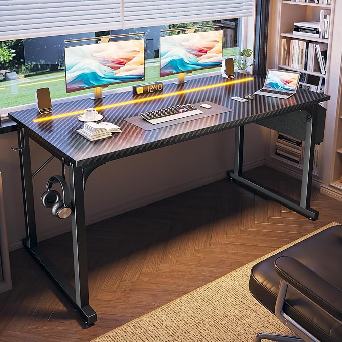 55 Inch Gaming Desk with LED Lights,Computer Desk with Storage Bag for Home Office, Simple Office Desk with Headphone Hook for Study Writing Work Desk,Sturdy Metal Frame,Black